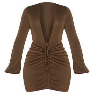 Shape Chocolate Brown Rib Plunge Ruched Detail Bodycon Dress